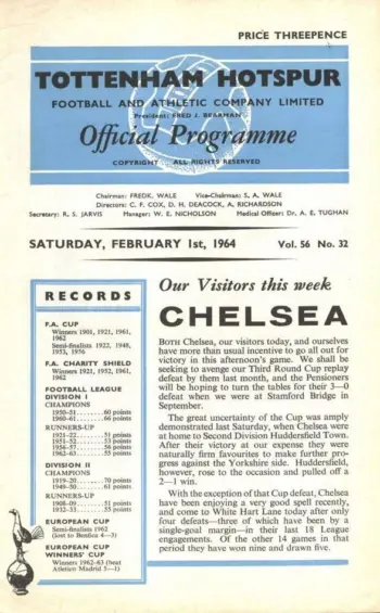 Spurs v Chelsea FC (01 Feb 1964) Programme