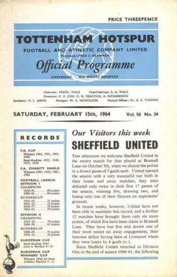 Spurs v Sheffield United (15 Feb 1964) Programme