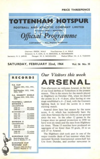 Spurs v Arsenal FC (22 Feb 1964) Programme