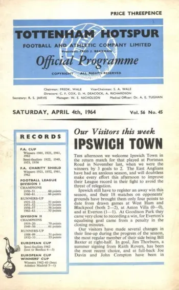 Spurs v Ipswich Town (04 Apr 1964) Programme