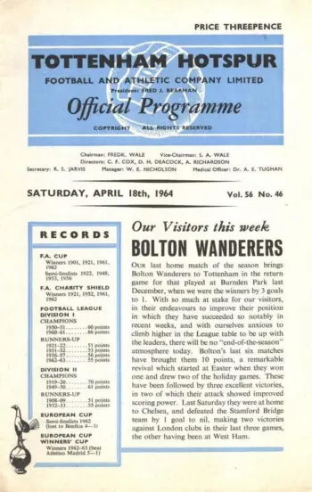 Spurs v Bolton Wanderers (18 Apr 1964) Programme