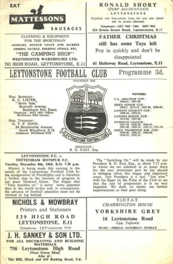 Spurs v Leytonstone FC (08 Dec 1964) Programme