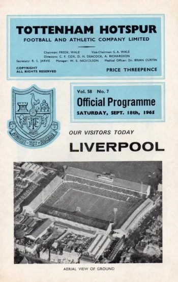 Spurs v Liverpool FC (18 Sep 1965) Programme