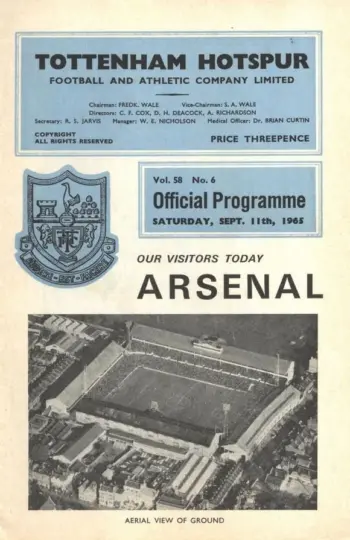Spurs v Arsenal FC (11 Sep 1965) Programme
