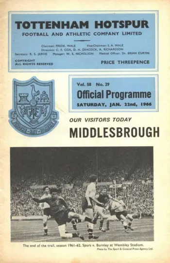 Spurs v Middlesbrough FC (22 Jan 1966) Programme