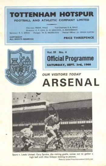 Programme cover from Spurs v 3-1 v Arsenal FC - 3 September 1966 - Home