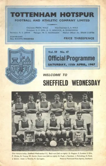 Spurs v Sheffield Wednesday (15 Apr 1967) Programme