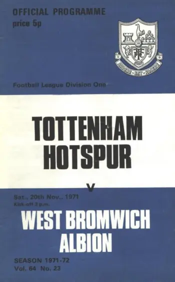 Spurs v West Bromwich Albion (20 Nov 1971) Programme