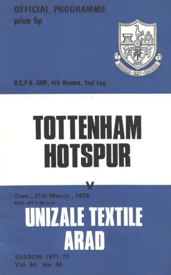 Spurs v FC UTA Arad (21 Mar 1972) Programme
