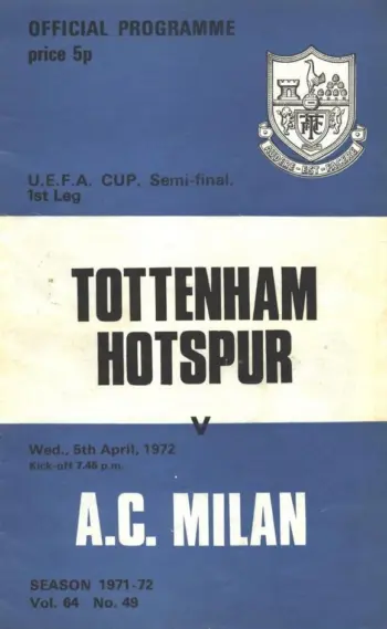 Spurs v AC Milan (05 Apr 1972) Programme