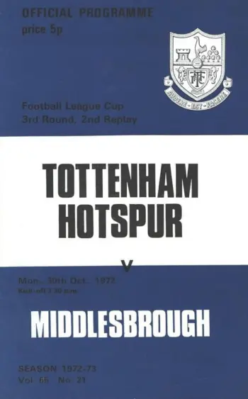 Spurs v Middlesbrough FC (30 Oct 1972) Programme