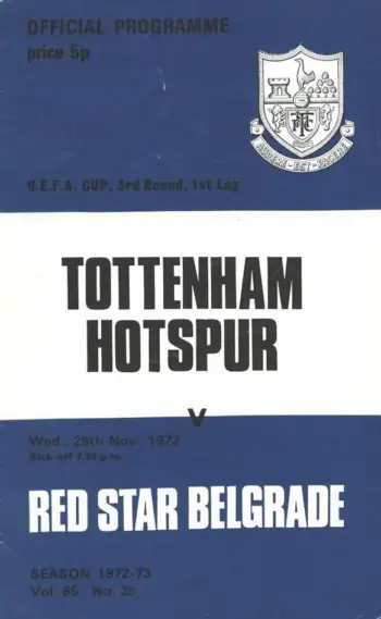 Spurs v Red Star Belgrade (29 Nov 1972) Programme