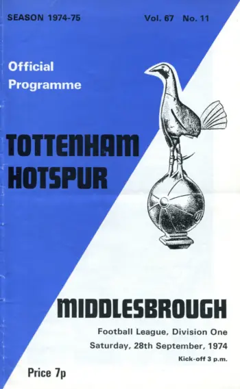 Spurs v Middlesbrough FC (28 Sep 1974) Programme