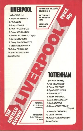 Spurs v Liverpool FC (23 Aug 1975) Programme