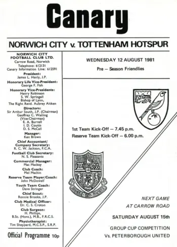 Spurs v Norwich City (12 Aug 1981) Programme