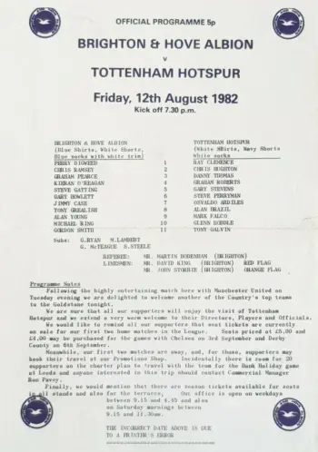 Spurs v Brighton & Hove Albion (12 Aug 1983) Programme