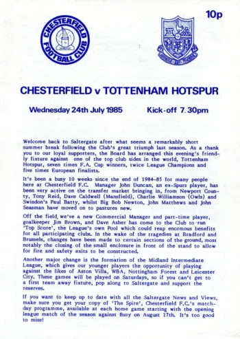 Spurs v Chesterfield FC (24 Jul 1985) Programme