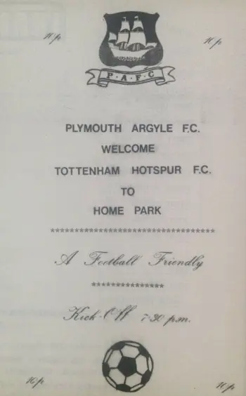 Spurs v Plymouth Argyle (31 Jul 1985) Programme