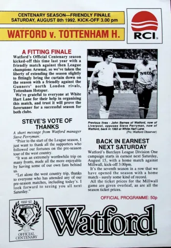 Spurs v Watford FC (08 Aug 1992) Programme