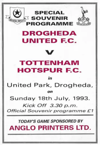 Spurs v Drogheda United (18 Jul 1993) Programme